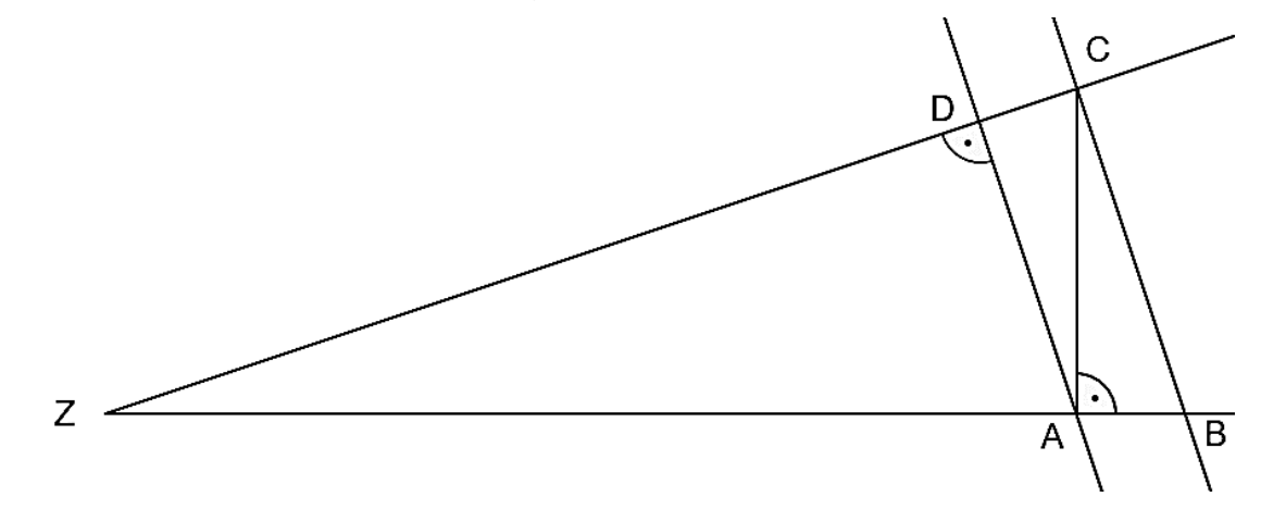 Geometrische Zeichnung mit Linien, Punkten und markierten Winkeln, beschriftet mit Z, A, B, C und D.